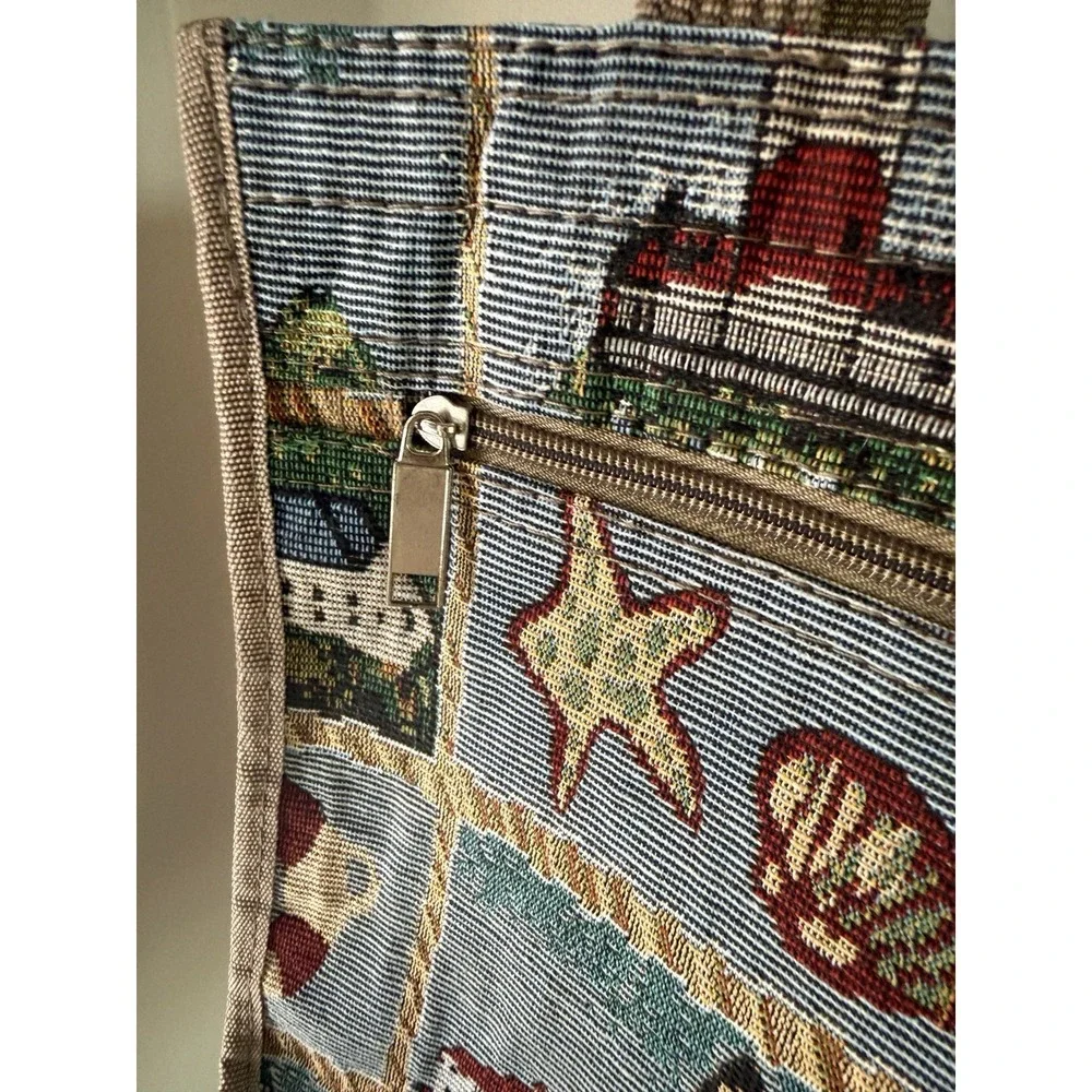 VTG Tapestry Tote Bag Nautical Lighthouse Costal Woven Shoulder Purse